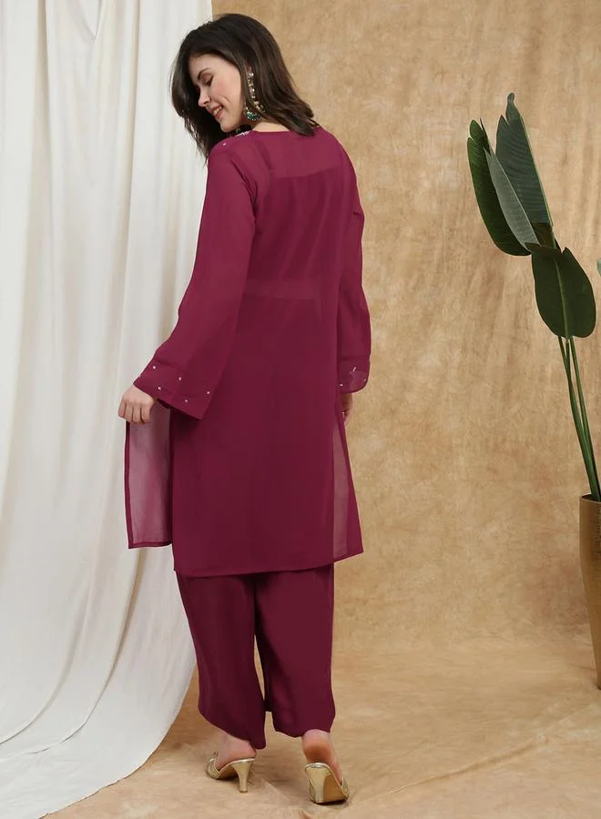 globus Women Maroon Sequin Embellished Kurta with Crop Top and Wide Leg Trouser Set